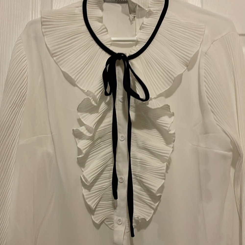 Joie white pleated ruffle sheer button up white blouse with black neck tie - Picture 2 of 7
